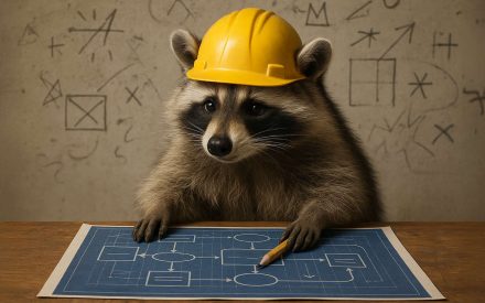 Procione con caschetto che studia un progetto blueprint SEO con struttura di contenuti e frecce, rappresentazione metaforica dei topic cluster per l’autorità tematica su Google