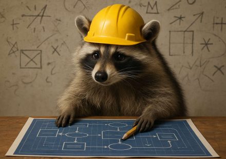 Procione con caschetto che studia un progetto blueprint SEO con struttura di contenuti e frecce, rappresentazione metaforica dei topic cluster per l’autorità tematica su Google