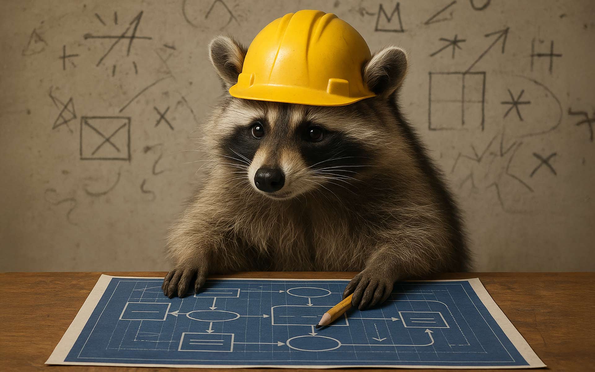 Procione con caschetto che studia un progetto blueprint SEO con struttura di contenuti e frecce, rappresentazione metaforica dei topic cluster per l’autorità tematica su Google