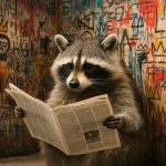 Procione fotorealistico che legge un giornale in una stanza con graffiti, immagine ideale per articoli su Google, algoritmi e informazione