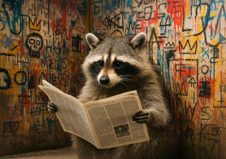 Procione fotorealistico che legge un giornale in una stanza con graffiti, immagine ideale per articoli su Google, algoritmi e informazione