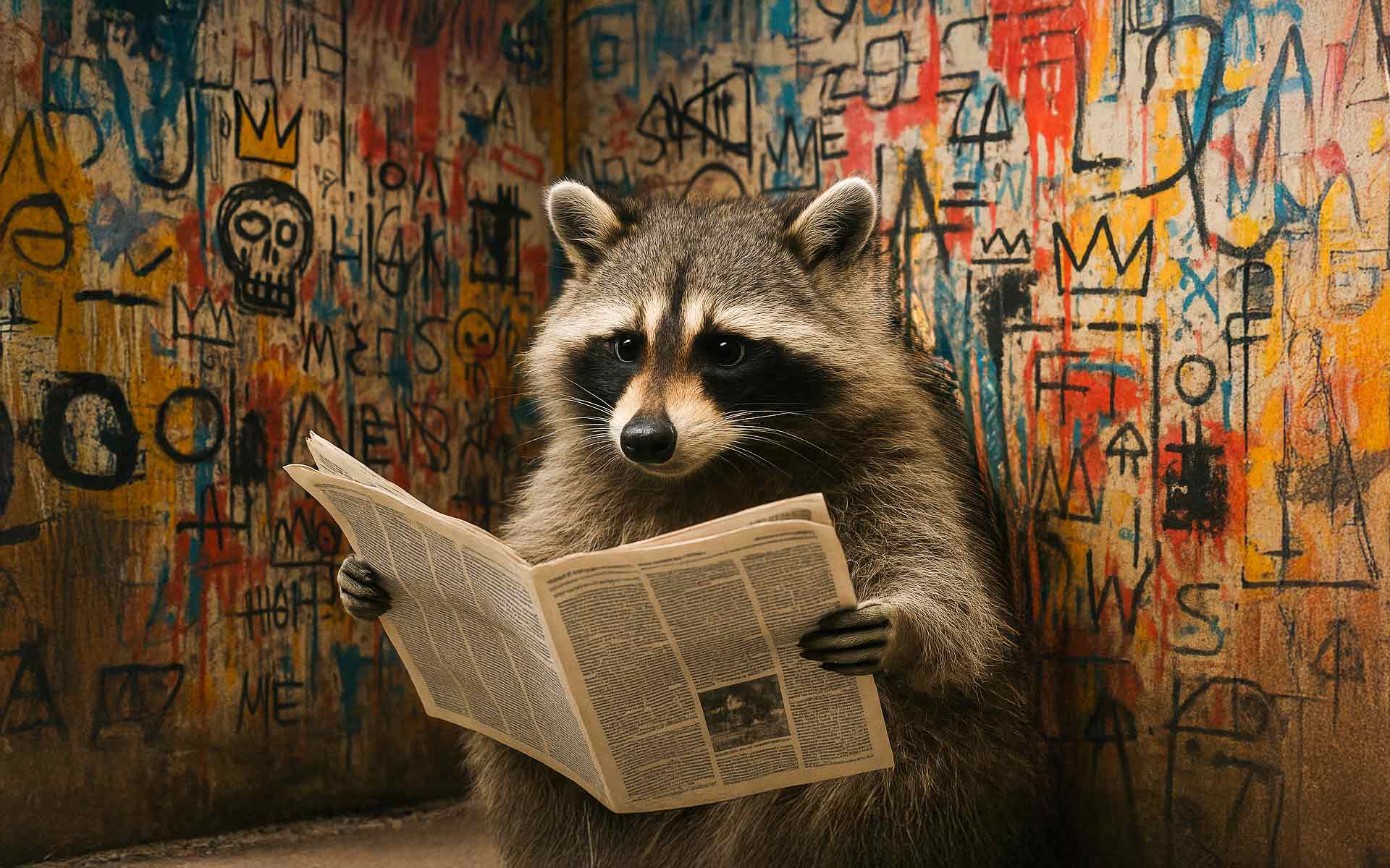 Procione fotorealistico che legge un giornale in una stanza con graffiti, immagine ideale per articoli su Google, algoritmi e informazione
