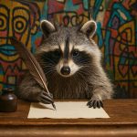 Un procione fotorealistico seduto a una scrivania mentre scrive con una penna d’oca su un foglio, davanti a un muro con graffiti artistici colorati