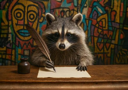 Un procione fotorealistico seduto a una scrivania mentre scrive con una penna d’oca su un foglio, davanti a un muro con graffiti artistici colorati