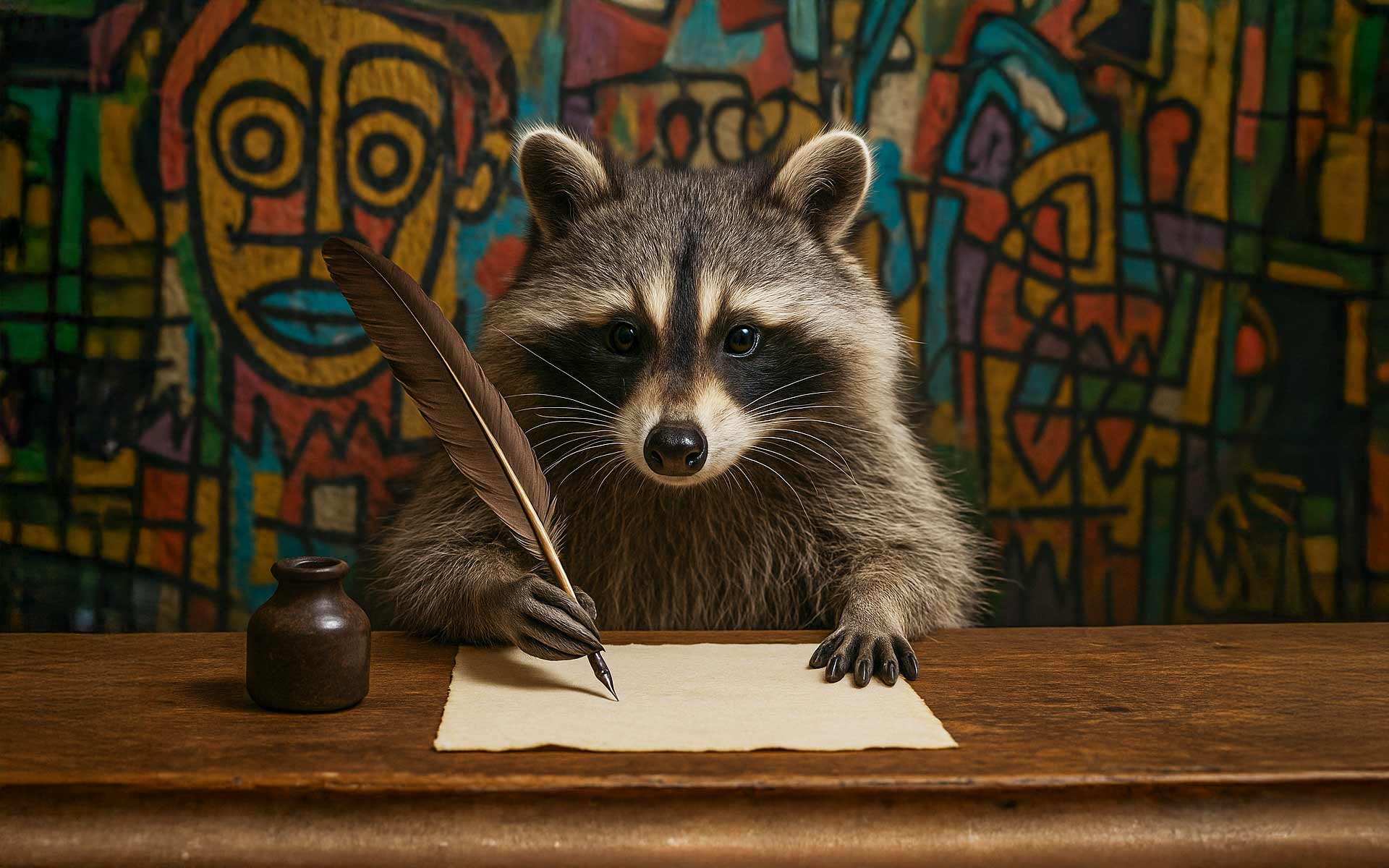Un procione fotorealistico seduto a una scrivania mentre scrive con una penna d’oca su un foglio, davanti a un muro con graffiti artistici colorati