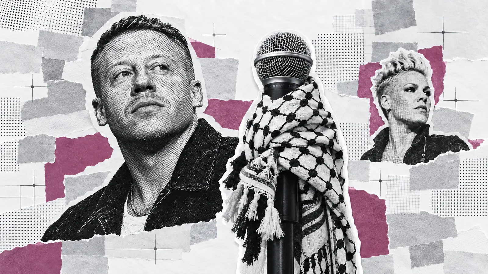 Collage editoriale con Macklemore, Pink e un microfono avvolto in una kefiah